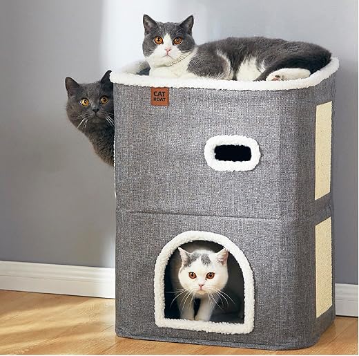 2-Storey Cat House for Indoor Cats Bed, Covered Cat Beds & Furniture with Scratch Pad and Hideaway Cave, Cute Modern Cat Condo for Multi Small Pet Large Kitten Kitty, Grey