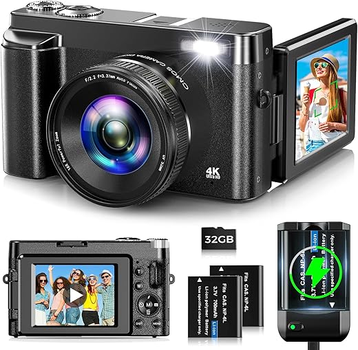 4K Digital Camera for Photography Autofocus 48MP Vlogging Camera for YouTube with 3'' 180°Flip Screen 16X Digital Zoom 4K Video Compact Travel Camera with SD Card,Flash, Anti-Shake (Black)