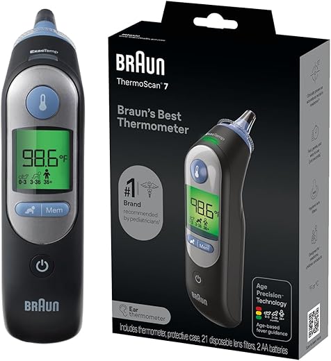 Braun ThermoScan 7 – Digital Ear Thermometer for Kids, Babies, Toddlers and Adults – Fast, Gentle, and Accurate Results in 2 Seconds - Black, IRT6520