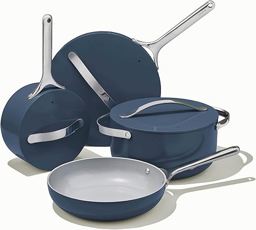 Caraway Nonstick Ceramic Cookware Set (12 Piece) Pots, Pans, Lids and Kitchen Storage - Non Toxic - Oven Safe & Compatible with All Stovetops - Navy