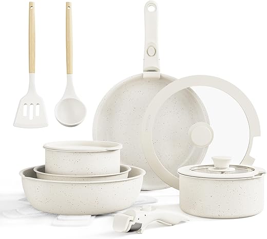 Ceramic Nonstick Cookware Set, Healthy,Non Toxic,17-Pieces Pots and Pans Set Removable Handles,Induction RV Kitchen Set,Stain & Scratch-resistant,Dishwasher/Oven Safe,PFAS/PFOA Free,Cream White