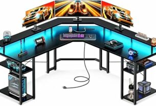 Coleshome L Shaped Gaming Desk with LED Lights & Power Outlets, Reversible 56" Computer Desk with Full Monitor Stand & Storage Shelves, Ergonomic Home Office Corner Desk, Black