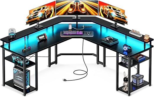 Coleshome L Shaped Gaming Desk with LED Lights & Power Outlets, Reversible 56" Computer Desk with Full Monitor Stand & Storage Shelves, Ergonomic Home Office Corner Desk, Black