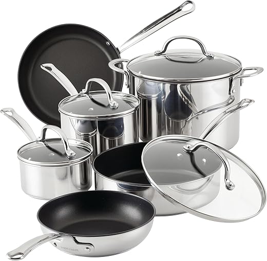 Farberware Millennium Stainless Steel Nonstick Cookware Set, 10-Piece Pot and Pan Set, Stainless Steel