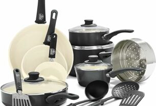 GreenLife Soft Grip Healthy Ceramic Nonstick 16 Piece Kitchen Cookware Pots and Frying Sauce Saute Pans Set, PFAS-Free with Kitchen Utensils and Lid, Dishwasher Safe, Black and Cream