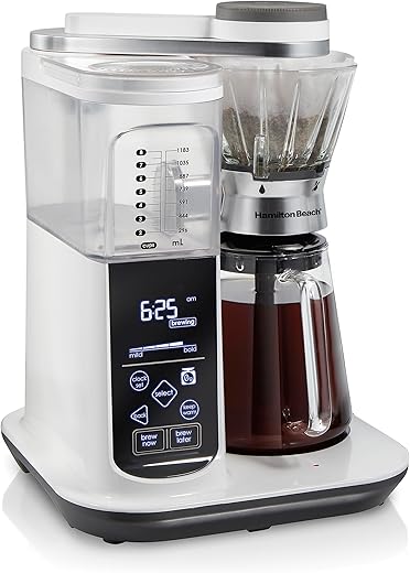 Hamilton Beach Craft Programmable Automatic Coffee Maker Brewer or Manual Pour Over Dripper with 5 Strengths and Integrated Scale, 8 Cups, Includes Cone Filter Set, White (46700)