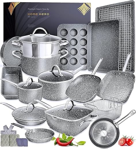 Home Hero 23 Pcs Pots and Pans Set Non Stick - Induction Compatible Kitchen Cookware Sets + Bakeware Sets - Non Stick, PFOA Free, Oven Safe Pot and Pan Set Nonstick (23 Pcs - Granite)