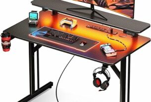 MOTPK Small Gaming Desk with LED Lights & Power Outlets, 31 Inch Computer Desk Gaming Table with Monitor Shelf, Gamer Desk with Carbon Fiber Texture, Kids Boys Desk Gift for Men