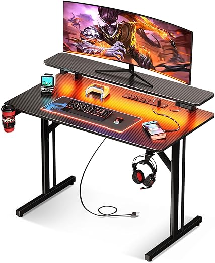 MOTPK Small Gaming Desk with LED Lights & Power Outlets, 31 Inch Computer Desk Gaming Table with Monitor Shelf, Gamer Desk with Carbon Fiber Texture, Kids Boys Desk Gift for Men