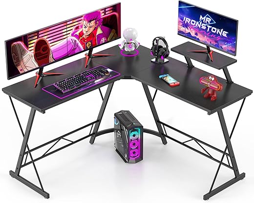 Mr IRONSTONE L Shaped Gaming Desk Corner Computer Desk, Home Office Desks Writing Workstation with Large Monitor Stand, Easy to Assemble (Black,51 Inch)