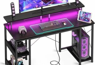 ODK 48 inch Gaming Desk with LED Lights & Power Outlets, Computer Desk with Monitor Stand & Storage Sheves, CPU Stand, Home Office Desk, Black