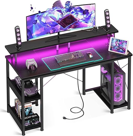 ODK 48 inch Gaming Desk with LED Lights & Power Outlets, Computer Desk with Monitor Stand & Storage Sheves, CPU Stand, Home Office Desk, Black