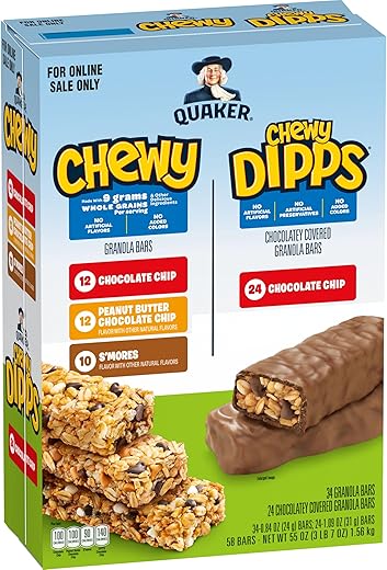 Quaker Chewy Granola Bars, Chewy & Dipps 4 Flavor Variety Pack, 58 Pack, Chocolate Chip, Peanut Butter Chocolate Chip, Smores flavors