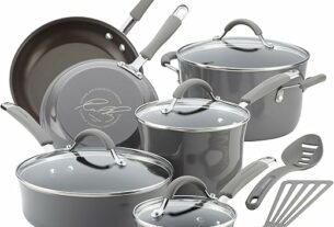 Rachael Ray - 16802 Rachael Ray Cucina Nonstick Cookware Pots and Pans Set, 12 Piece, Sea Salt Gray