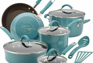 Rachael Ray Cucina Nonstick Cookware Pots and Pans Set, 12 Piece, Agave Blue