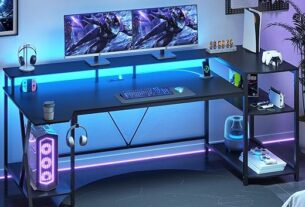 SEDETA Gaming Desk 70.8'' with LED Lights and Storage Shelves, Computer Desk with Monitor Stand, Power Outlets and Cup Holder, Large PC Gamer Desk, Gaming Table for Bedroom, Living Room, Black