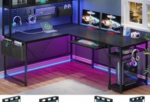 SEDETA L Shaped Gaming Desk, Reversible Computer Desk with Power Outlet and Pegboard, Gaming Desk with Led Lights, Keyboard Tray and Storage Bag for Home Office, Black