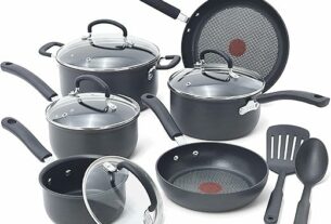 T-fal Ultimate Hard Anodized Nonstick Cookware Set 12 Piece, Oven Broiler Safe 400F, Lid Safe 350F, Kitchen Cooking Set w/ Fry Pans, Saucepans, Dutch Oven, Pots and Pans, Dishwasher Safe, Black