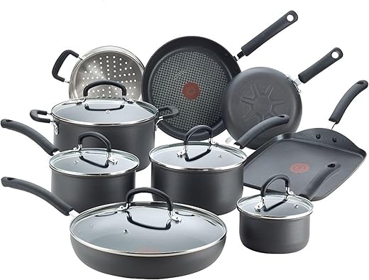 T-fal Ultimate Hard Anodized Nonstick Cookware Set 14 Piece, Oven Broiler Safe 400F, Lid Safe 350F, Kitchen Cooking Set w/ Fry Pans, Saucepans, Griddle, Dutch Oven, Pots & Pans, Dishwasher Safe, Black