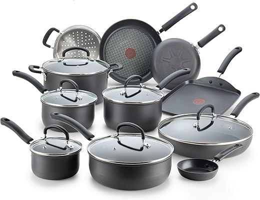 T-fal Ultimate Hard Anodized Nonstick Cookware Set 17 Piece, Oven Broiler Safe 400F, Lid Safe 350F, Kitchen Cooking Set w/ Fry Pans, Saucepans, Saute Pan, Griddle, Pots and Pans, Dishwasher Safe Black