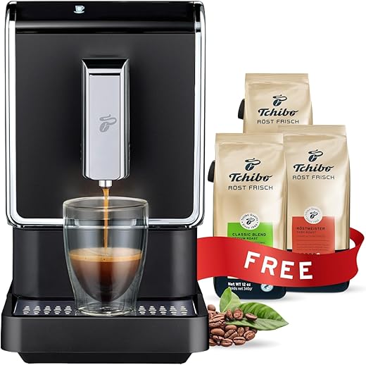 Tchibo Single Serve Coffee Maker - Automatic Espresso Coffee Machine - Built-in Grinder, No Coffee Pods Needed + 3x 11.9 Ounce Bags of Whole Beans